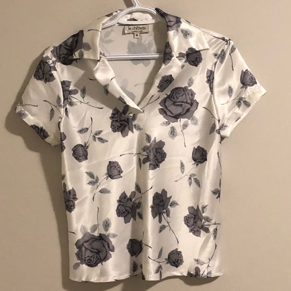 90s Le Chateau satin collared rose print blouse - Picture 2 of 9